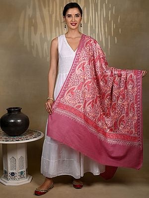Mauve-Pink Pure Woolen Monochromatic Shawl with Detailed Traditional Big Paisley Aari Threadwork from Kashmir