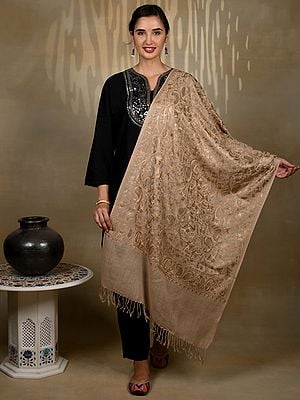 Pure Woolen Monochromatic Khaki Brown Stole with Detailed Traditional Paisley with sequins and Aari Threadwork from Kashmir