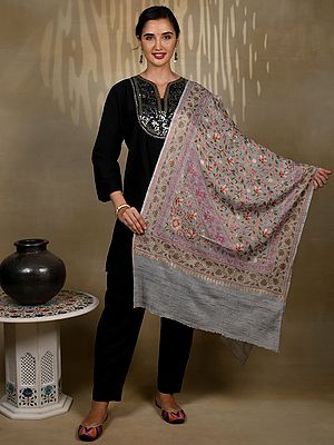 Pure Woolen Grey Stole with Multicolored Detailed Border and Aari Threadwork from Kashmir