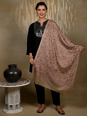 Pure Light Brown Stole with Red Paisley and Floral and Aari Threadwork from Kashmir