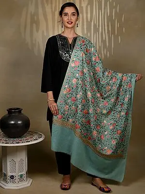 Pure Woolen Turquoise Shawl with Multicolored Paisley and Floral and Aari Threadwork from Kashmir
