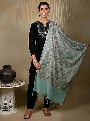 Pure Woolen Turquoise Stole with Silver Paisley and Floral and Aari Threadwork from Kashmir