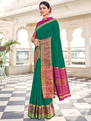 Green Khadi Silk Saree with Blouse and Floral Pattern Broad Border