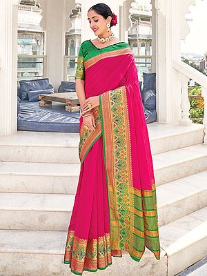 Dark Pink Khadi Silk Broad Border Saree With Blouse And Striped Pattern Pallu