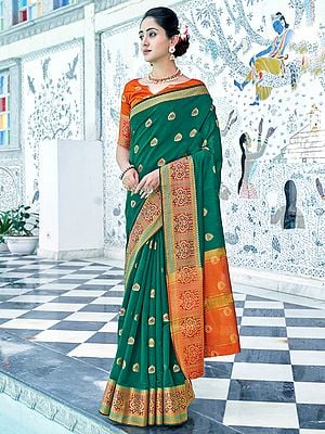 Green Color Cotton Saree With Blouse And Broad Border