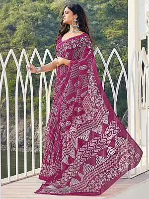 Purplish-Pink Cotton Printed Saree with Blouse