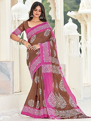 Cotton Brown Printed Saree with Blouse and Pink Border