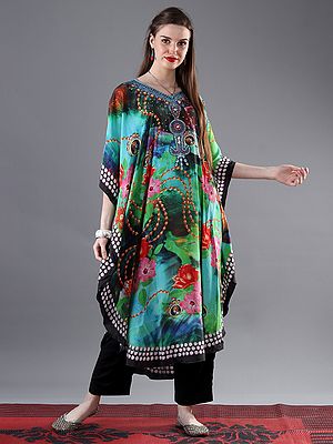 Mediterranian Print Chiffon Long Kaftan with Sequins on Neck