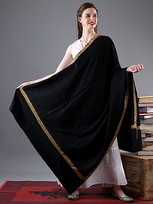 Pure Woolen Black Shawl with Multicolored Embroidered Border