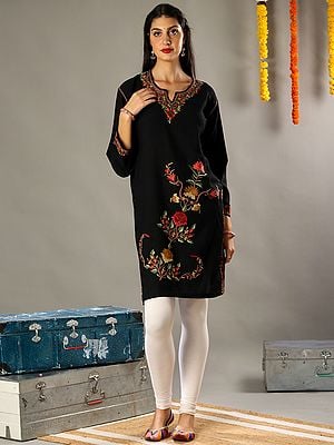 Charcoal Black Woolen Phiran with Multicolored Aari Embroidery from Kashmir