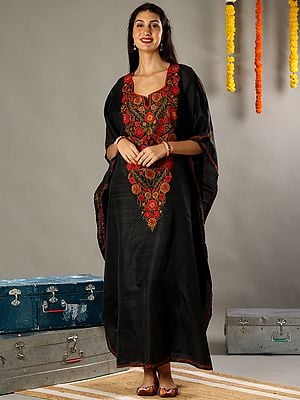 Charcoal Black Silk Kaftan with Multicolored Aari Embroidery from Kashmir