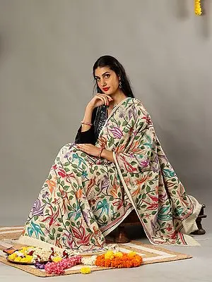 Off White Cotton Semi Silk Dupatta with Multicolored Kantha Embroidery