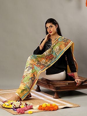 Golden Cotton Semi Silk Stole with Multicolored Kantha Embroidery