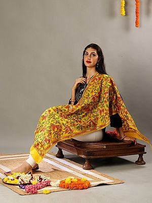 Mustard Yellow Cotton Semi Silk Stole with Multicolored Kantha Embroidery