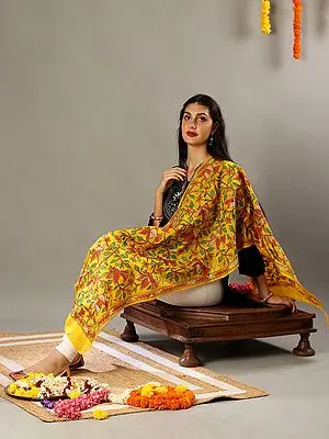 Mustard Yellow Cotton Semi Silk Stole with Multicolored Kantha Embroidery