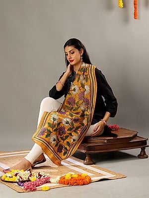 Dark Yellow Cotton Semi Silk Stole with Multicolored Kantha Embroidery