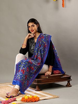 Royal Blue Cotton Semi Silk Stole with Multicolored Kantha Embroidery