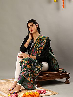 Forest Green Cotton Semi Silk Stole with Multicolored Kantha Embroidery