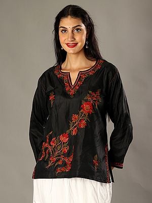 Charcoal Black Silk Kurti with Multicolored Aari Embroidery from Kashmir