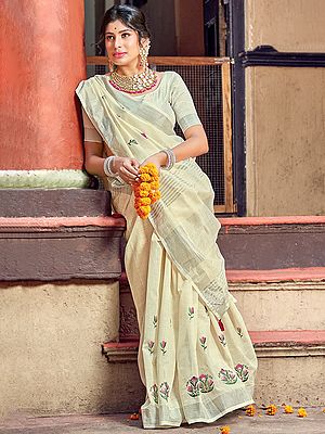 Linen Floral Motif Saree With Blouse And Stripes Pattern