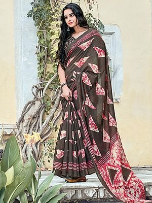 Cocoa-Brown Printed Cotton Sarees With Blouse