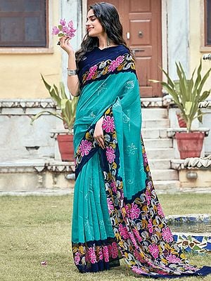 River-Blue Floral Printed Cotton Saree With Blouse
