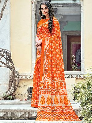 Goldfish-Orange Cotton Ikat Printed Saree With Blouse