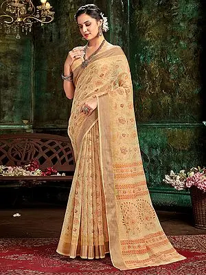 Beige Floral Jaal Pattern Printed Cotton Saree with Blouse and Paisley Pattern Pallu