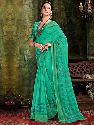 Sea-Green Printed Cotton Saree With Blouse And Stripes Pattern Border