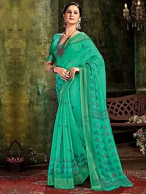 Sea-Green Printed Cotton Saree with Blouse and Stripes Pattern Border