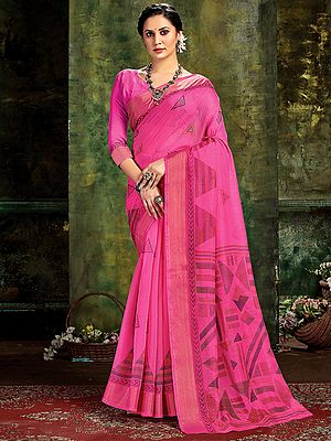 Magenta-Pink Cotton Geometry Pattern Printed Saree With Blouse