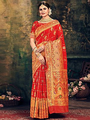True-Red Banarasi Silk Traditional Saree With Blouse And All-Over Zari Work