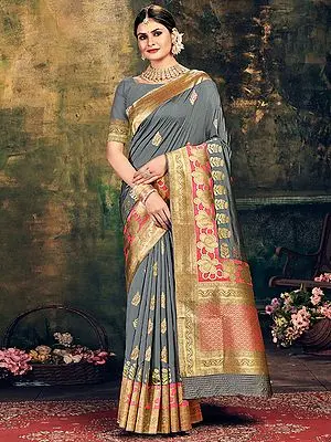 Dark-Grey Zari Woven Banarasi Silk Saree With Blouse