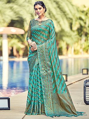 Organza Stripes Pattern Saree With Blouse And Latkan Pallu