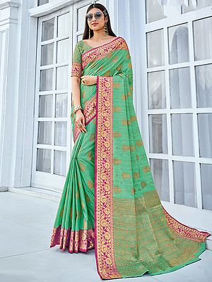 Linen Mughal Butti Zari Wowen Saree With Blouse And Floral Vine Pattern Border