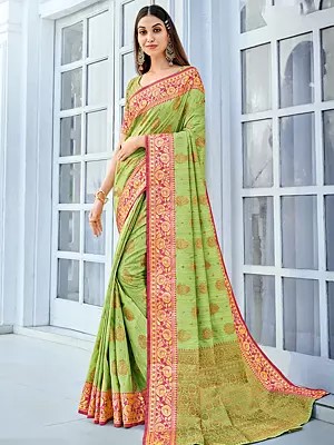 Linen Mughal Butti Zari Wowen Saree With Blouse And Floral Vine Pattern Border