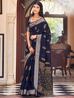 Chanderi Floral Motif Saree With Blouse And Stripes Pattern Border