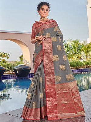 Linen Block Pattern Zari Woven Saree With Blosue