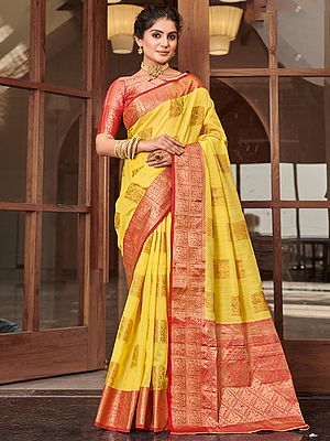 Linen Block Pattern Zari Woven Saree With Blosue