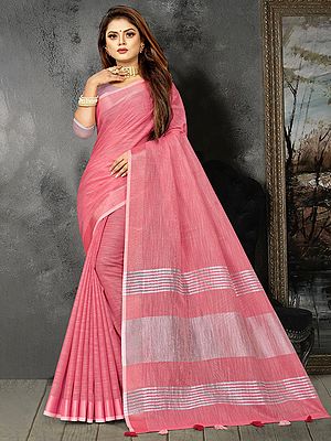Linen Saree with Blouse and Stripe-Latkan Pattern Pallu