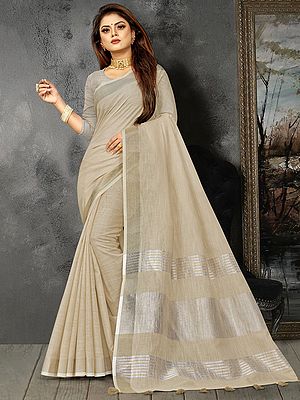 Linen Saree with Blouse and Stripe-Latkan Pattern Pallu