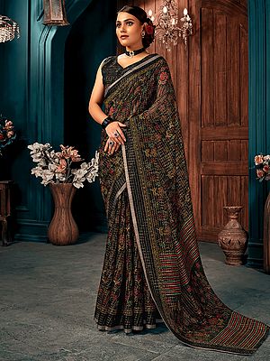 Pirate-Black Cotton Floral Pritned Saree With Blouse