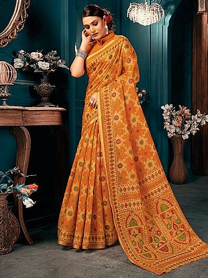 Mustard-Yellow Cotton Printed Saree With Blouse
