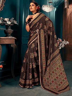 Chicory-Coffee Color Mini Check-Floral Printed Cotton Saree With Blouse