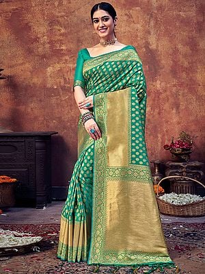 Spectra-Green Banarasi Silk Zari Woven Butti Motif Broad Border Saree with Blouse