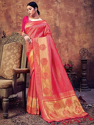 Cerise-Pink Banarasi Silk Traditional Zari Work Saree with Blouse and Latkan Pallu