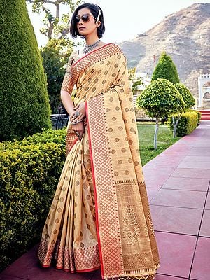 Banarasi Silk Floral Butti Motif Tassel Saree with Blouse