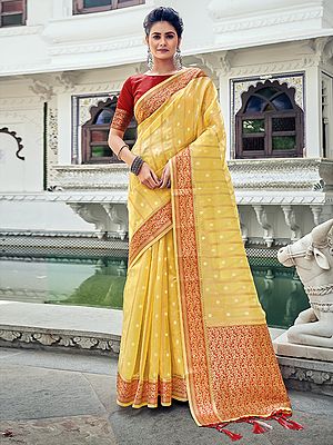 Organza Stripes Pattern Zari Woven Saree with Blouse and Ladkan Aanchal