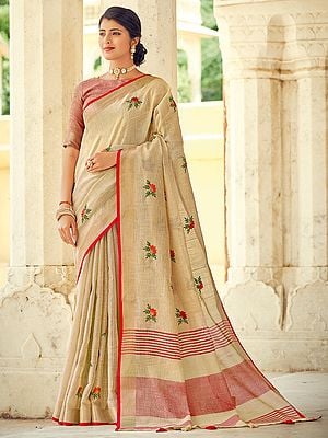 Linen Floral Buttis Saree with Blouse and Stripes Pattern Pallu