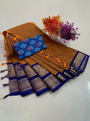Cathay-Spice Chettinad Pure Cotton Saree With Blouse With Peacock-Floral Pattern Border